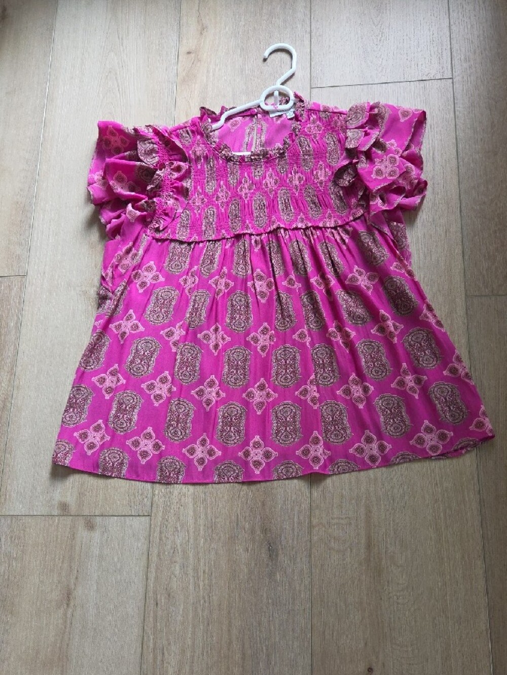 Rose & Olive Hot Pink Ann Tan Patterenef Smocked Flutter Sleeve Blouse